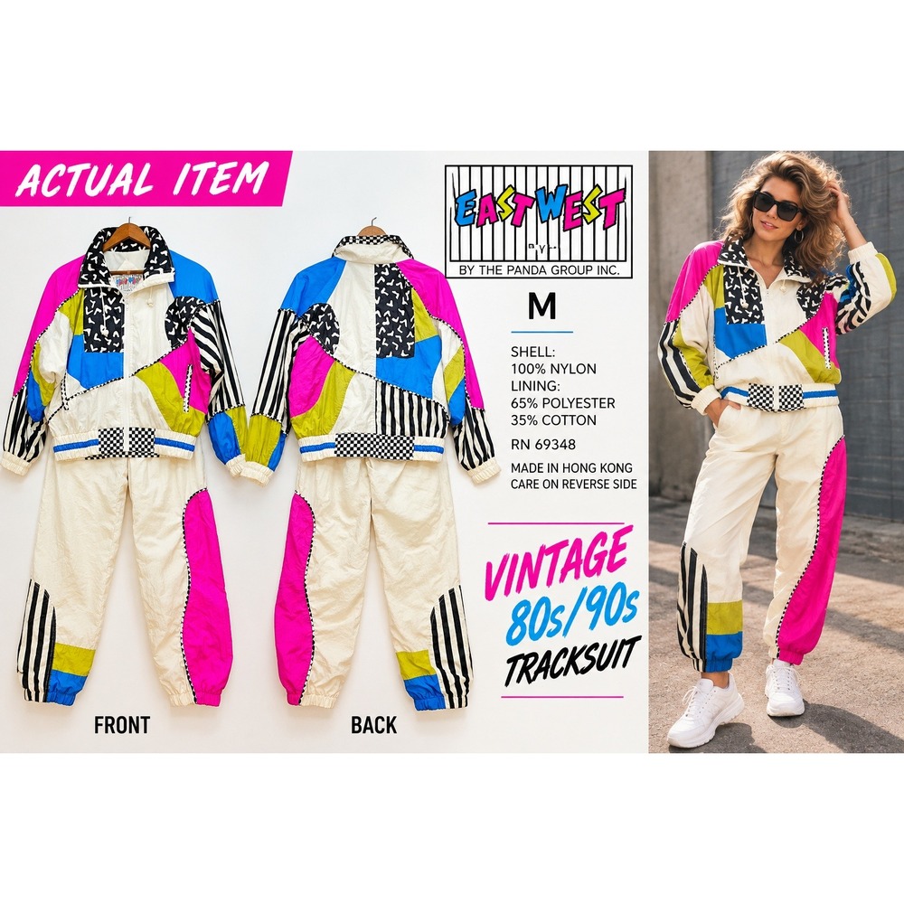 East West Tracksuit Set Womens M Vintage 80s 90s Colorblock White M Excellent